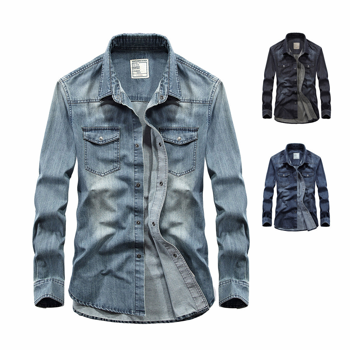 Denim Men's Long-sleeved Shirt Cotton Plus Size Lapels Denim Shirt