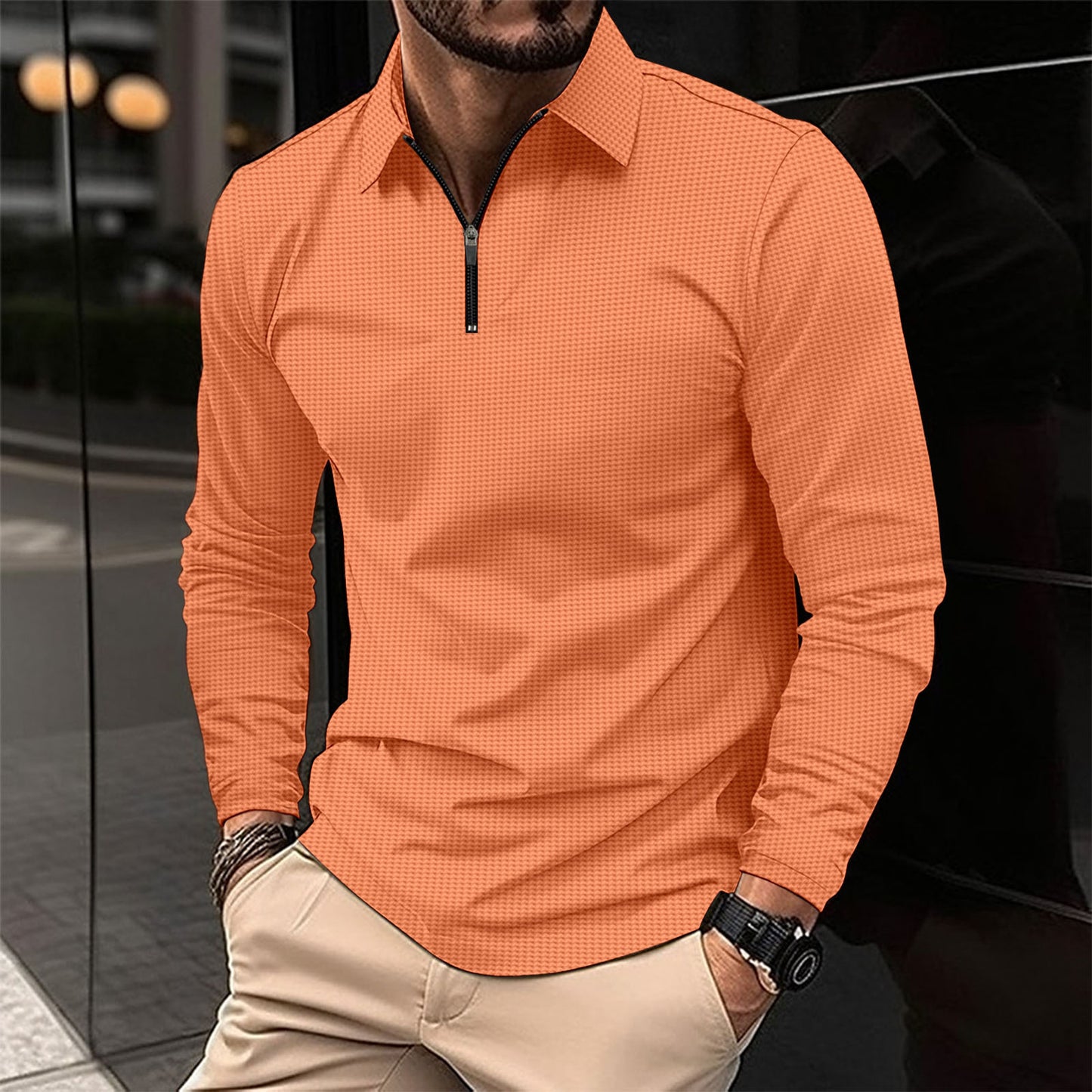 Men's Lapel Fashion Solid Color Waffle Long Sleeve T-shirt