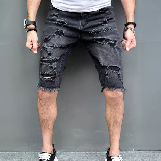 New Men's Five-point Slim Fit Skinny Scrape Denim Shorts