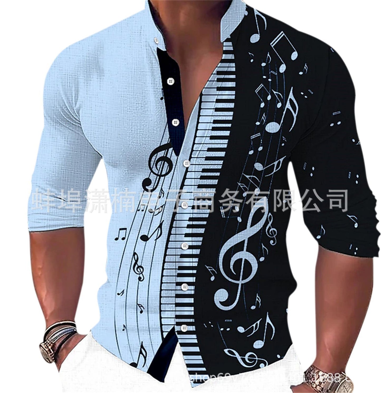 Men's Fashion Music Print Casual Stand Collar Long Sleeve Shirt