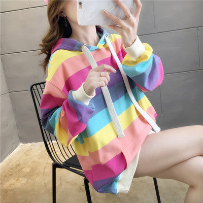 Harajuku Rainbow Stripe Hoodies Women Sweatshirt Loose Pullover For Sweet Girls Pastel Fahion Pink Clothes Cute Japanese Hoodies