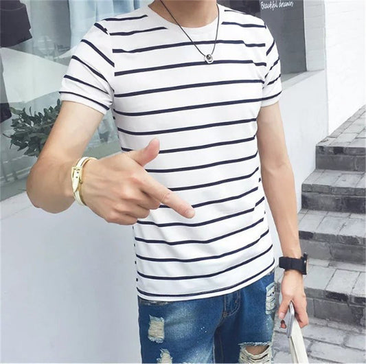 Men's Striped T-shirt Youth Casual Top Slim Fit