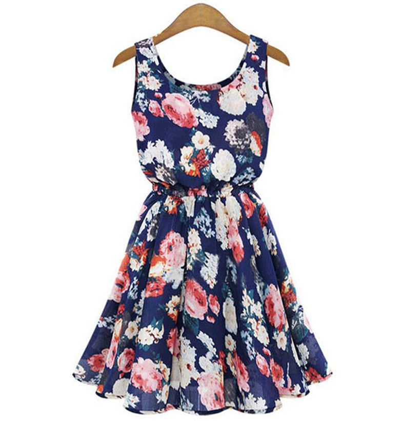 New Women's Chiffon Dress Summer Sleeveless Floral Plus Size Mid Length Skirt Women