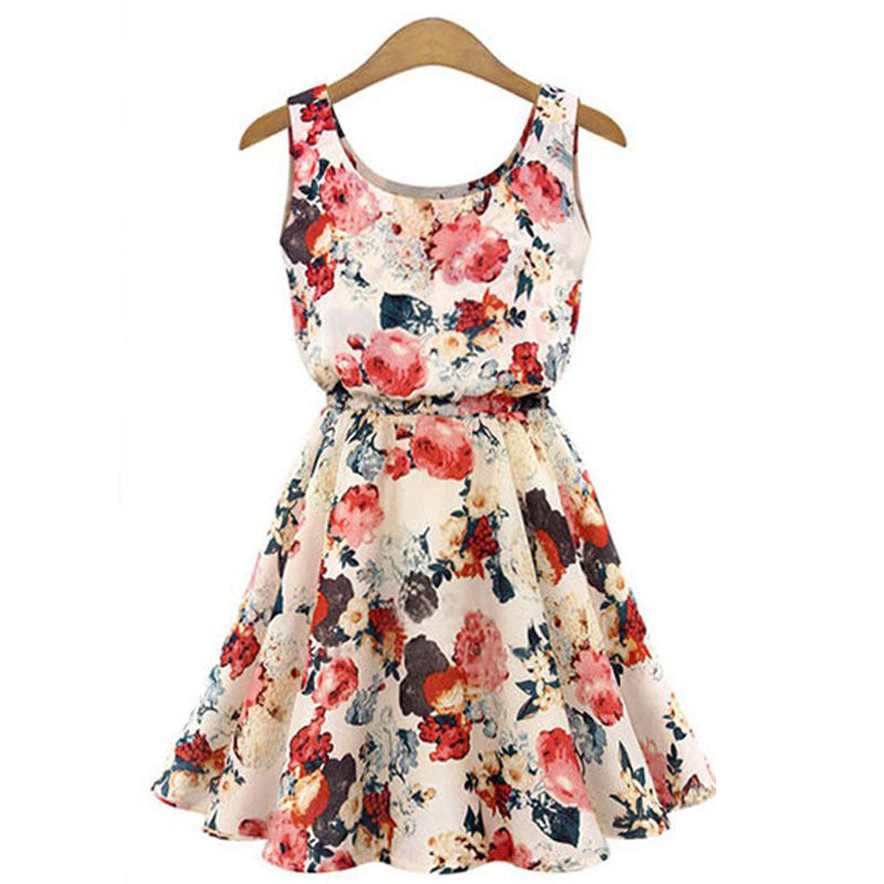 New Women's Chiffon Dress Summer Sleeveless Floral Plus Size Mid Length Skirt Women