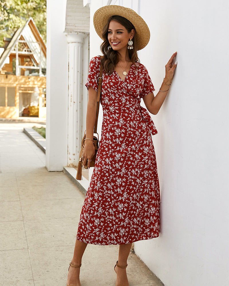 European And American Summer Printed V-neck Dress