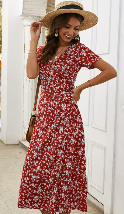 European And American Summer Printed V-neck Dress