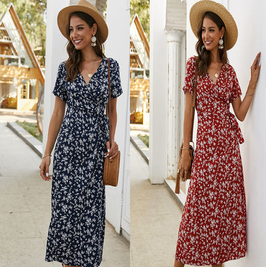 European And American Summer Printed V-neck Dress