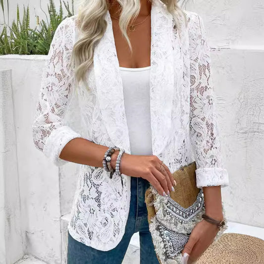 Spring And Summer Small Suit, Fashionable And Versatile Solid Color Lace Shirt Jacket