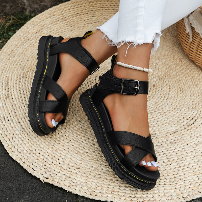 Summer Thick-soled Cross-strap Solid Color Buckle Plus Size Hollow-out Roman Style Sandals