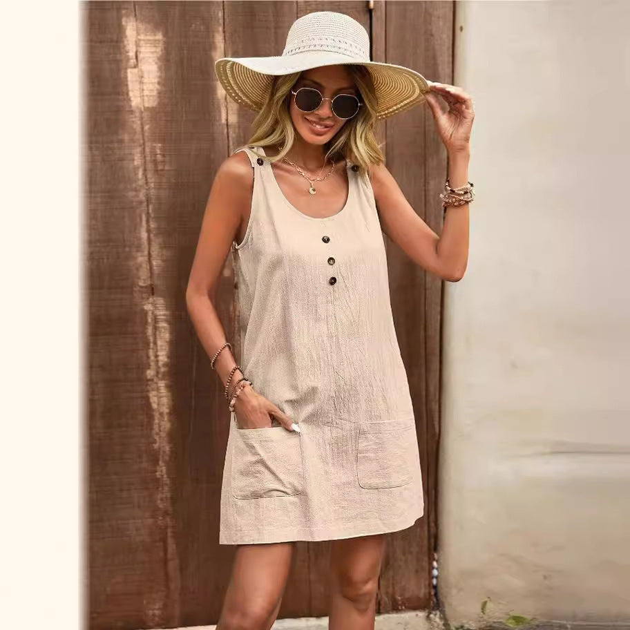 Cotton And Linen Casual Pocket Suspender Skirt Button Adjustable Shoulder Strap Sleeveless Dress