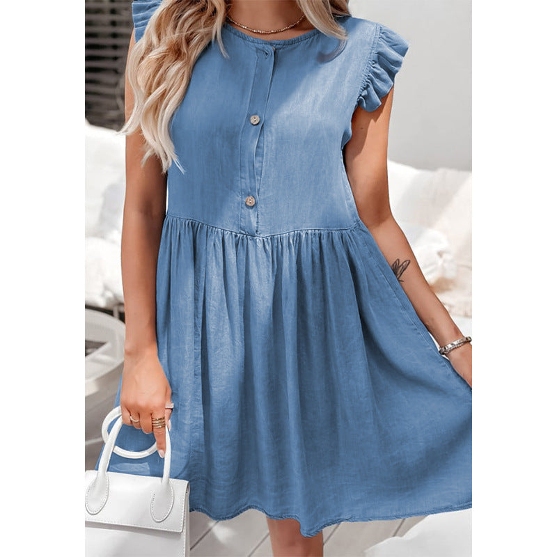 Ruffled Cuff Solid Color Dress Women