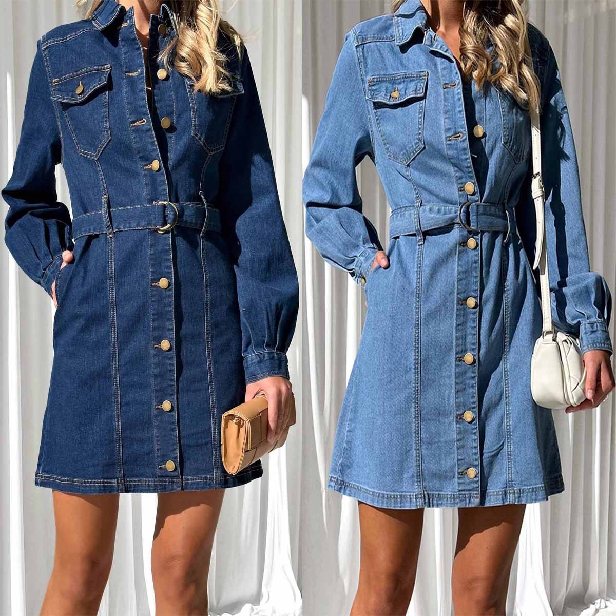 Fashion Casual Button Denim Dress Women