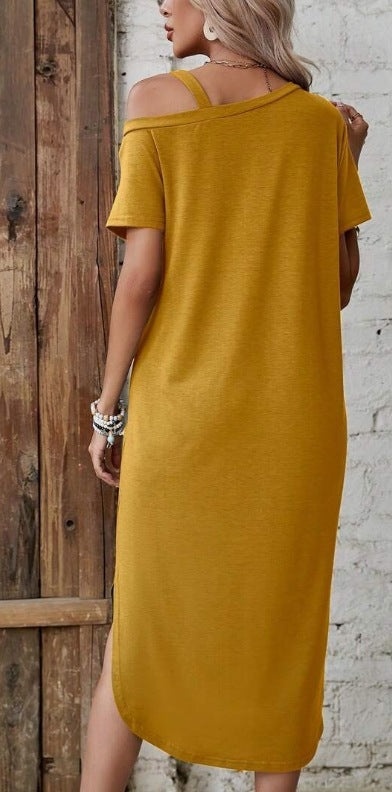 Women's Asymmetric Collar Split Thigh T-shirt Dress