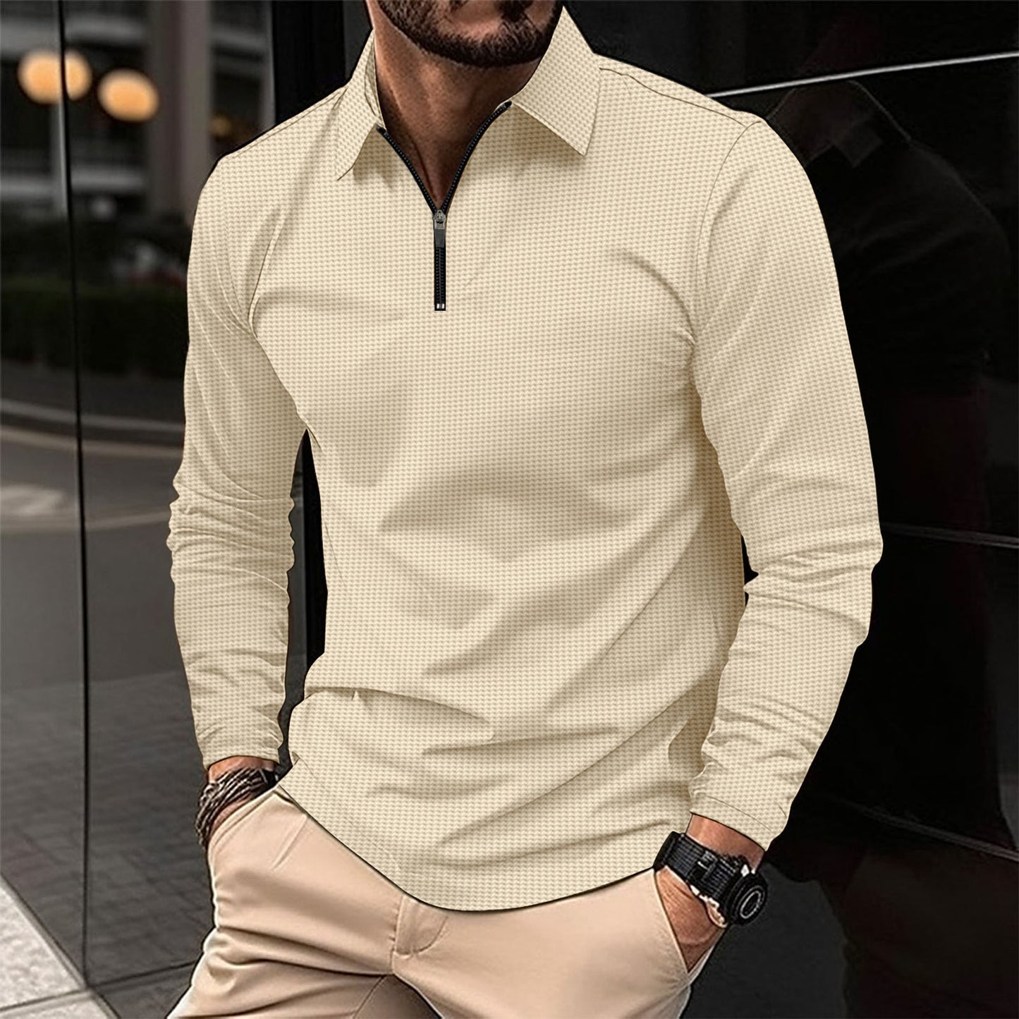 Men's Lapel Fashion Solid Color Waffle Long Sleeve T-shirt