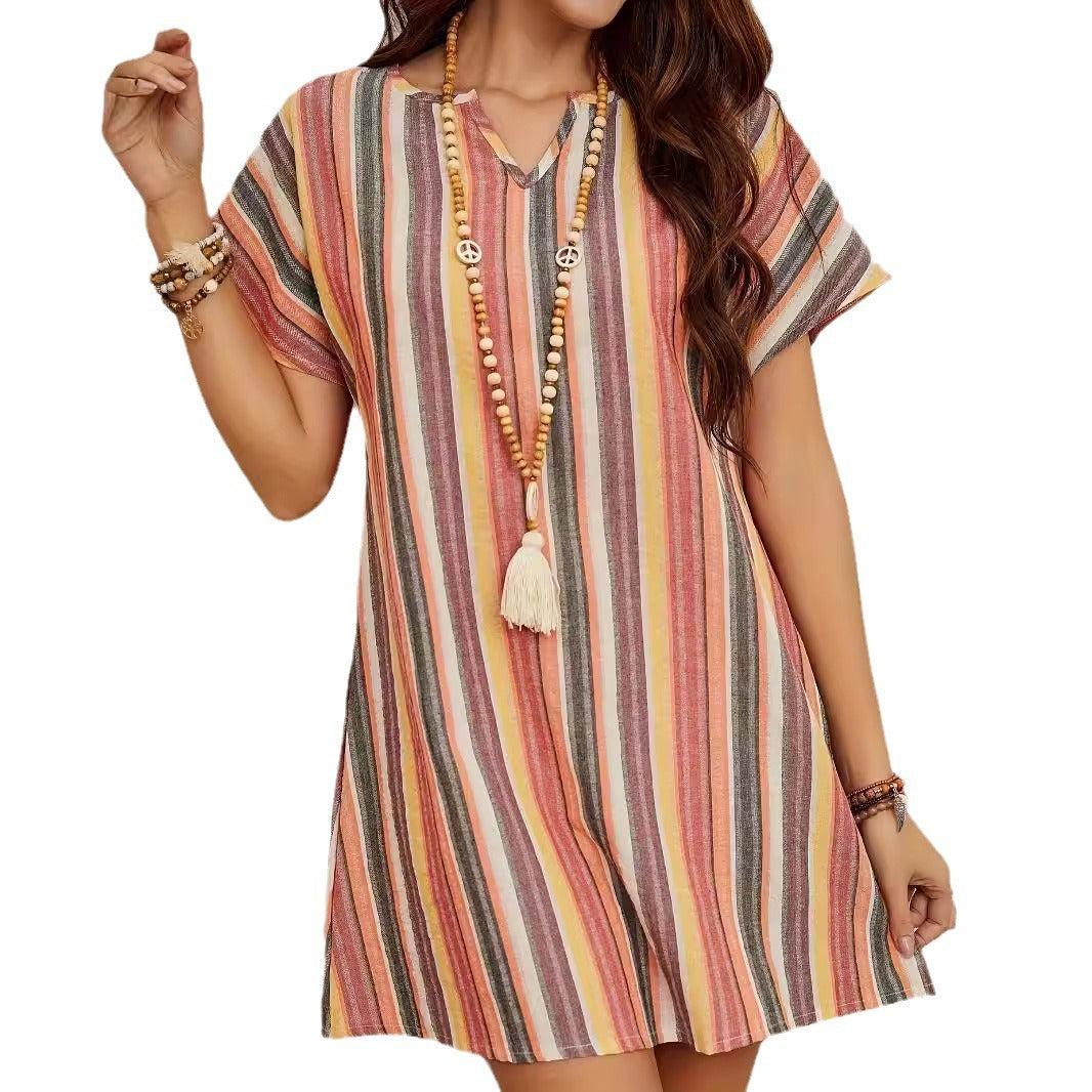 Fashion Color Striped V-neck Casual Short Sleeve Dress