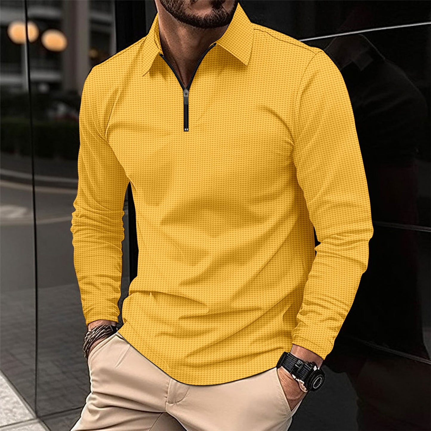 Men's Lapel Fashion Solid Color Waffle Long Sleeve T-shirt