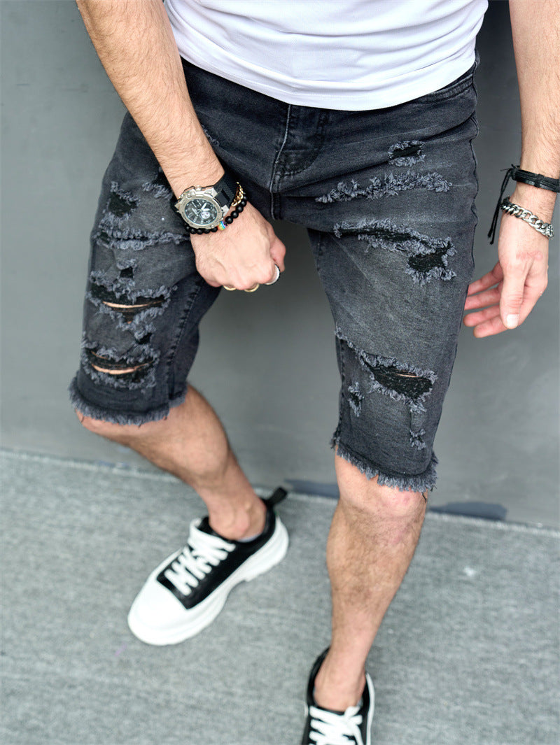 New Men's Five-point Slim Fit Skinny Scrape Denim Shorts