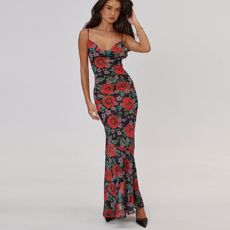 All-matching Slim Fit Long Printing Slip Dress Women