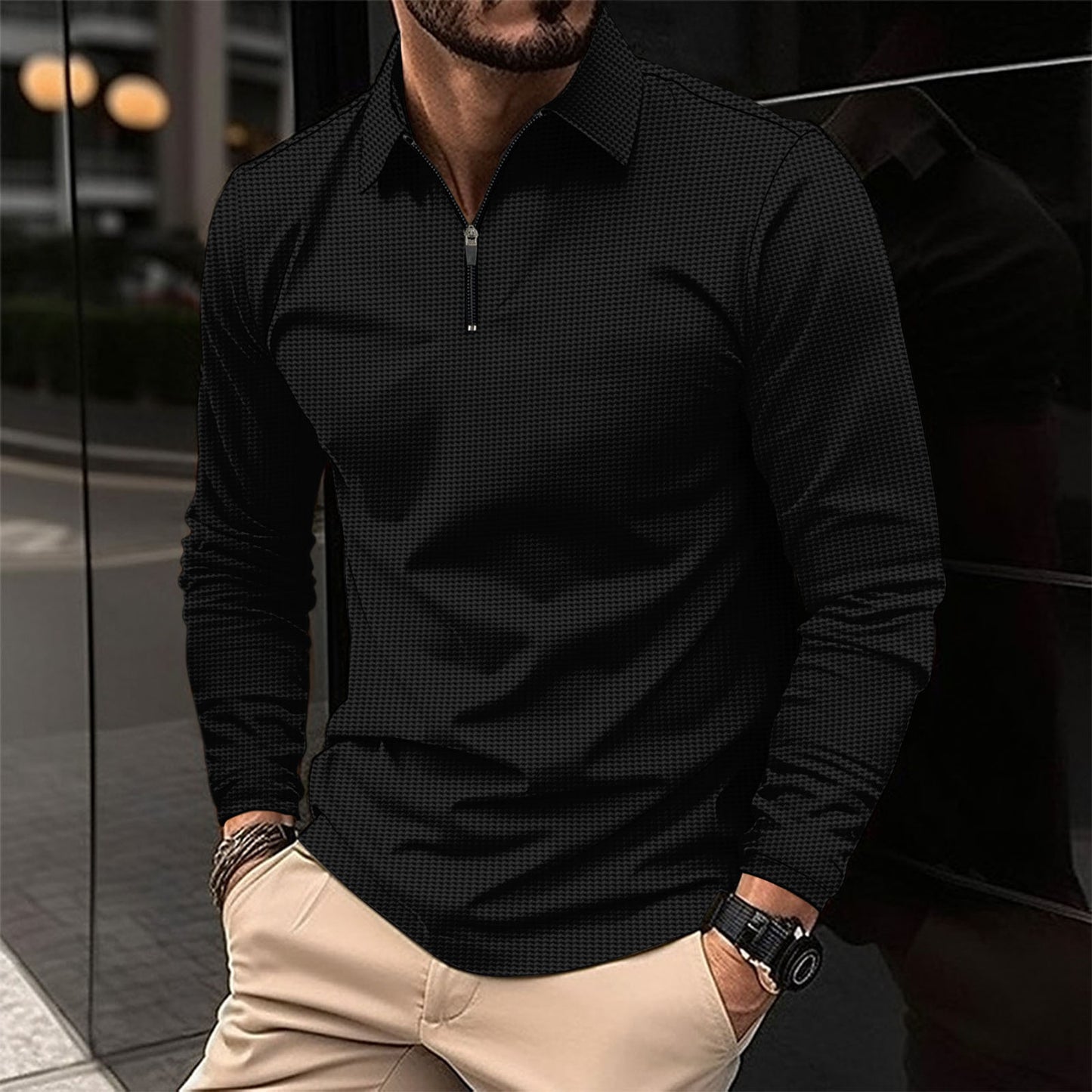 Men's Lapel Fashion Solid Color Waffle Long Sleeve T-shirt