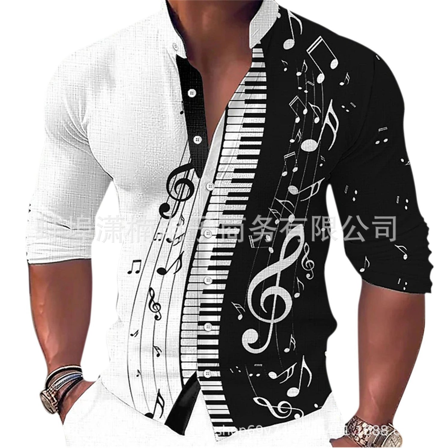 Men's Fashion Music Print Casual Stand Collar Long Sleeve Shirt