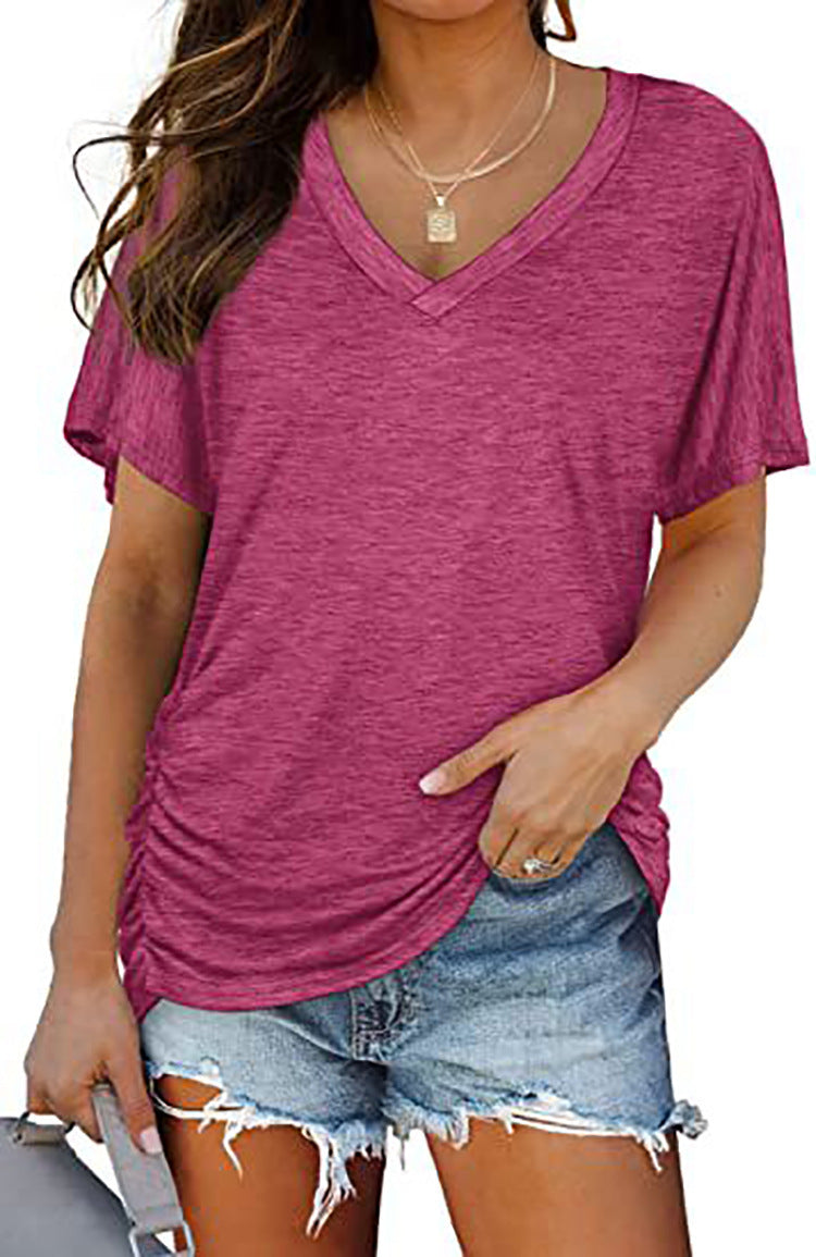 European And American T-shirt Solid Color Casual Loose-fitting V-neck Top