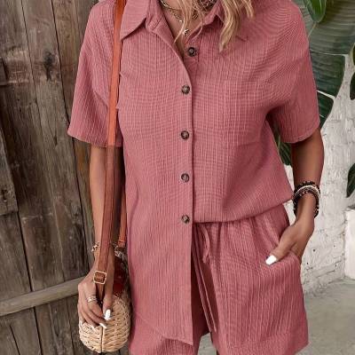 Summer Cardigan Button Short Sleeve Solid Color Shorts Suit