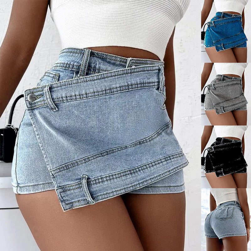 Y2K Street Vintage Denim Shorts Stretch Overlap Waist Wrap Solid Asymmetrical Hem A-Line Skinny Mini Skorts Skirt