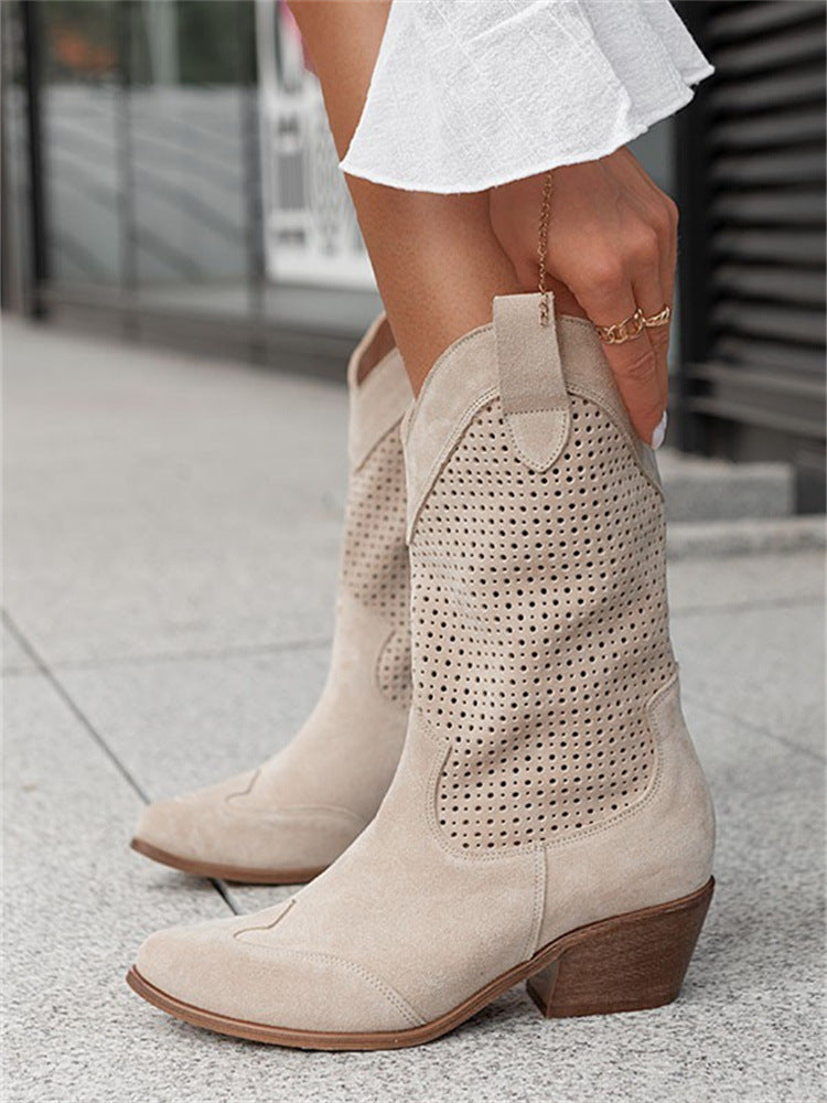 Mid-heel Burnt-out Suede Low-cut Women's Boots