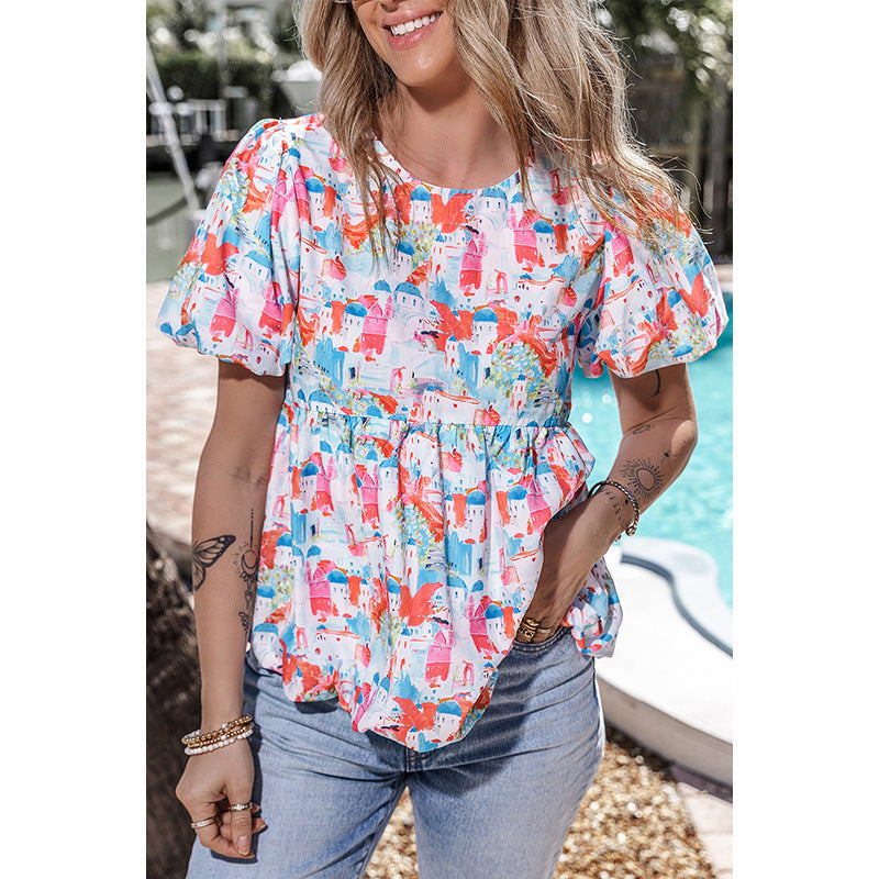 Women's Cute Anti-aging Fashion Contrast Color Stitching Round Neck Short-sleeved Shirt