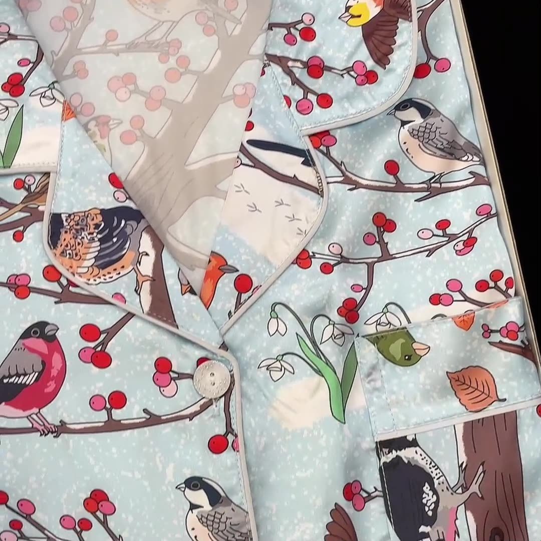 Ice Silk Pajamas Women's Long-sleeved Bird And Flower Painting Homewear