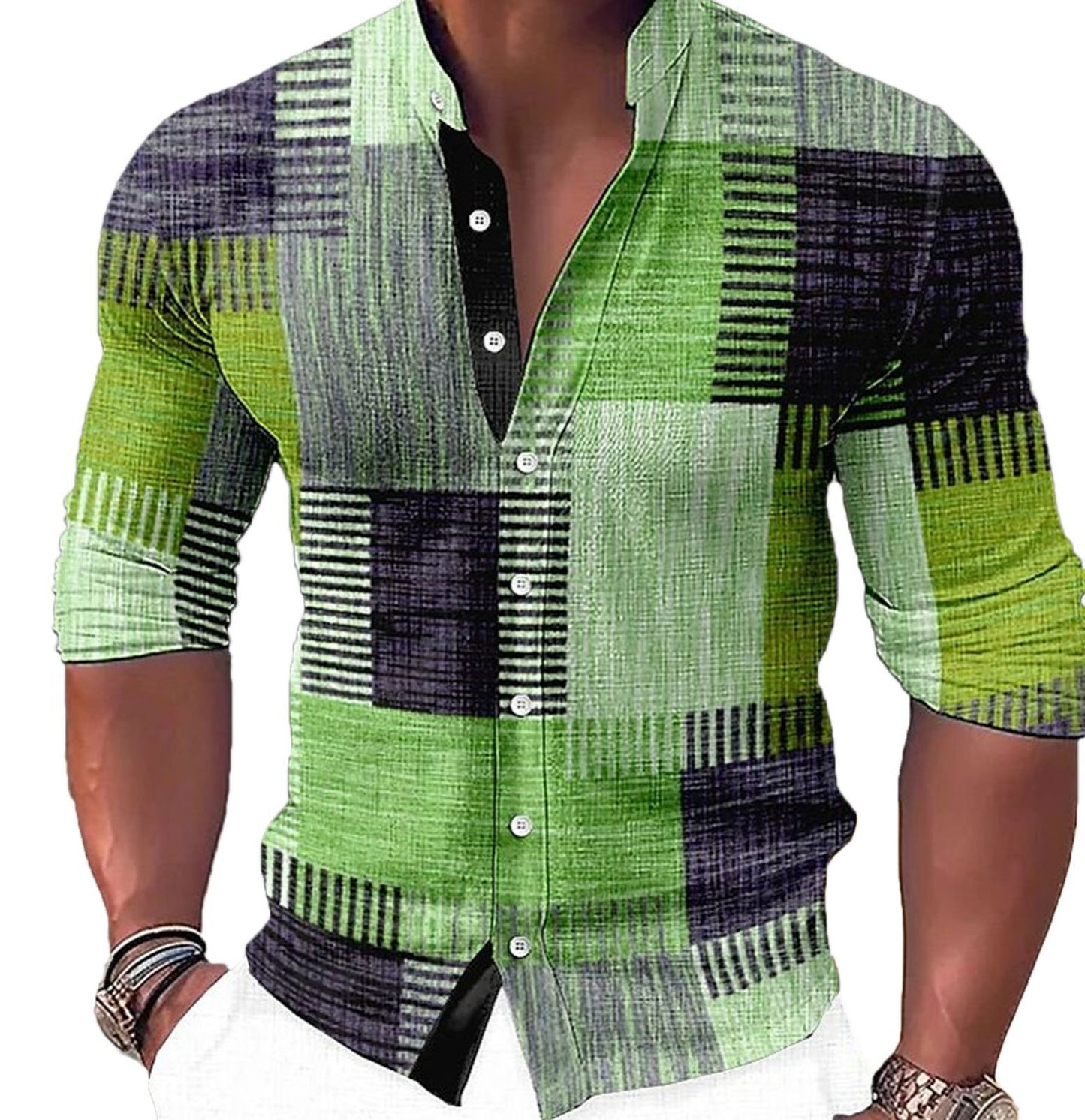 Men's Fashion Music Print Casual Stand Collar Long Sleeve Shirt