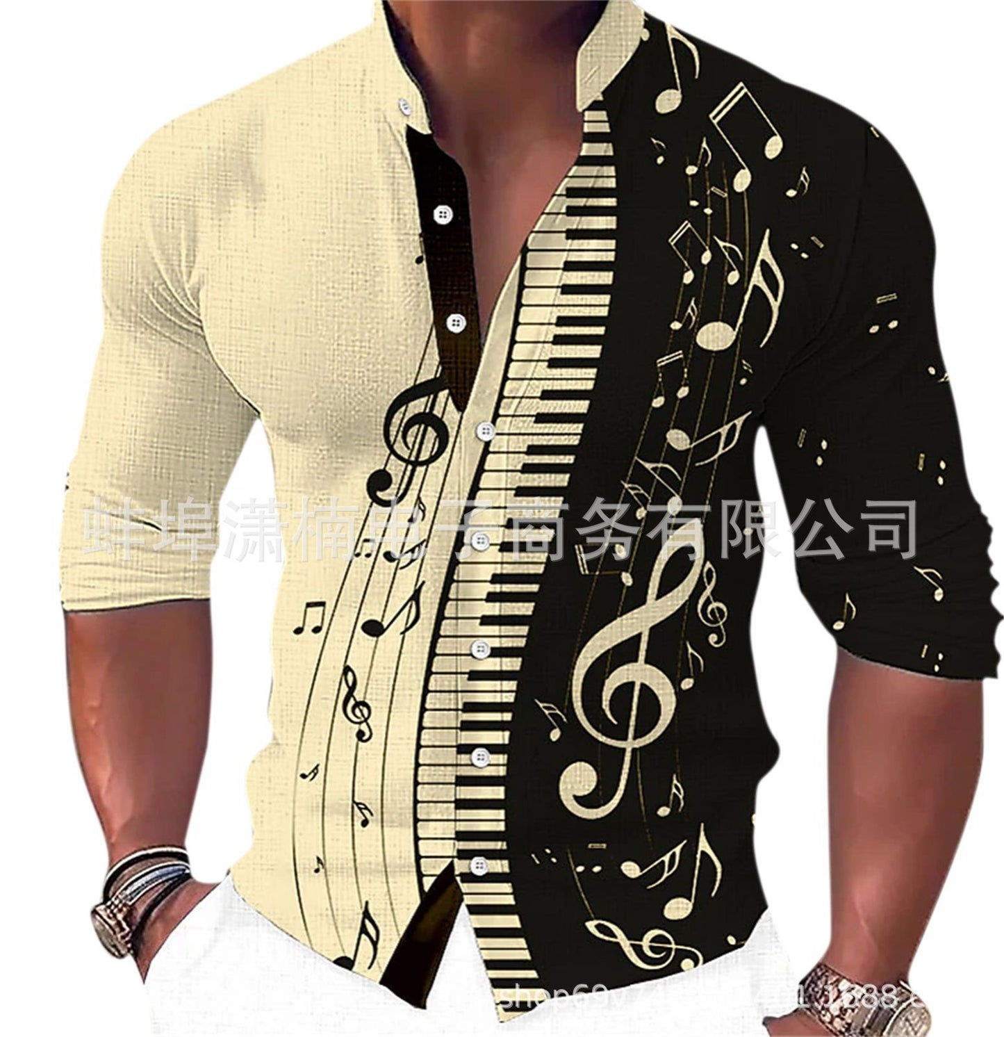 Men's Fashion Music Print Casual Stand Collar Long Sleeve Shirt