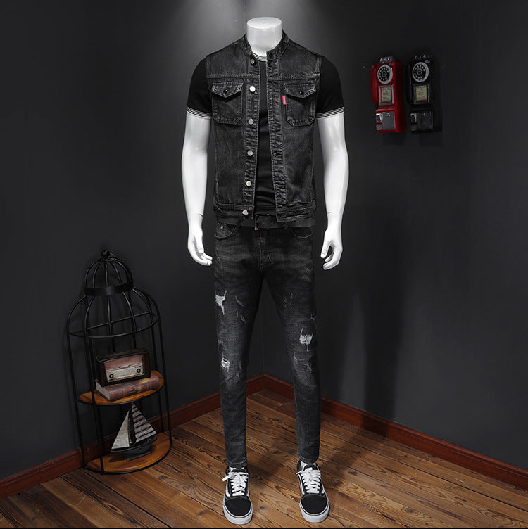 Harley Motorcycle Men's Uniform Black Stand-up Collar Plus Size Denim Vest