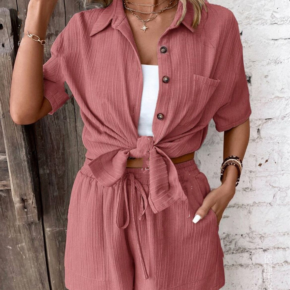 Summer Cardigan Button Short Sleeve Solid Color Shorts Suit