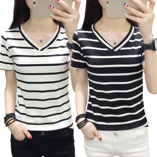 Women's Black And White Striped V-neck Short-sleeved T-shirt