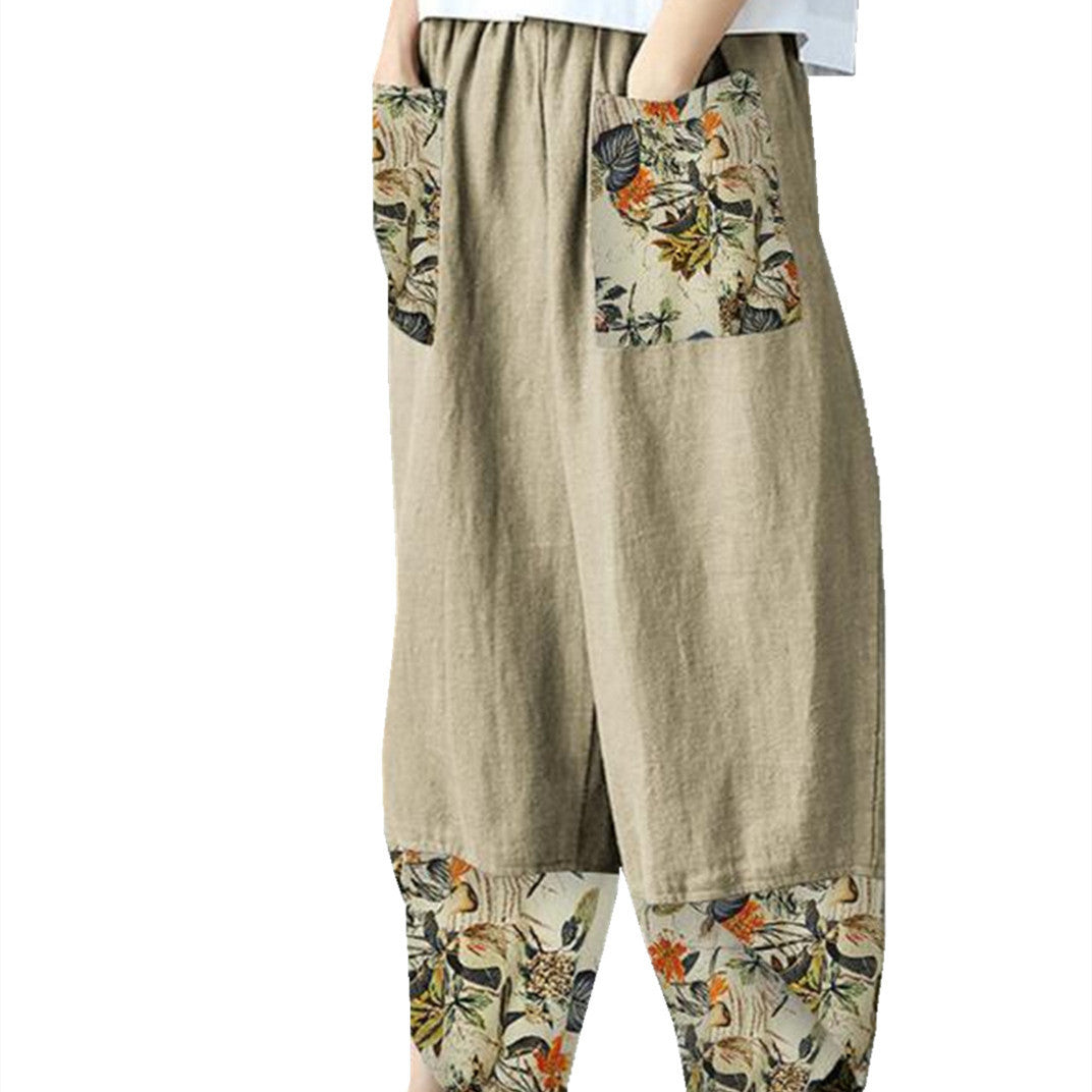 Women's Fashion Loose Casual Cotton Linen Elastic-waist Cropped Pants