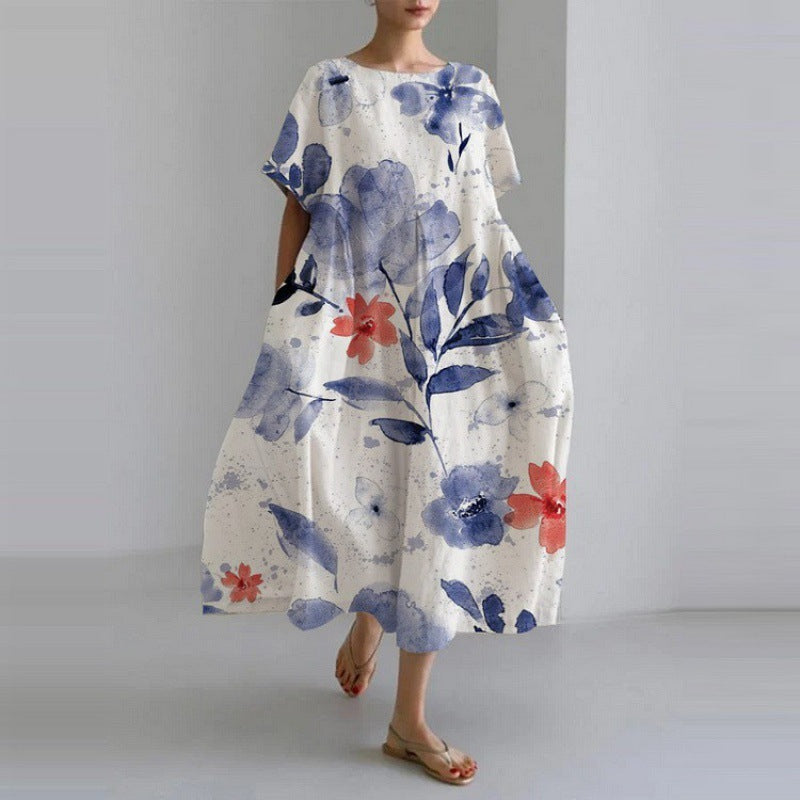 Loose Round Neck Fashion Advanced Short Sleeve Printing Dress