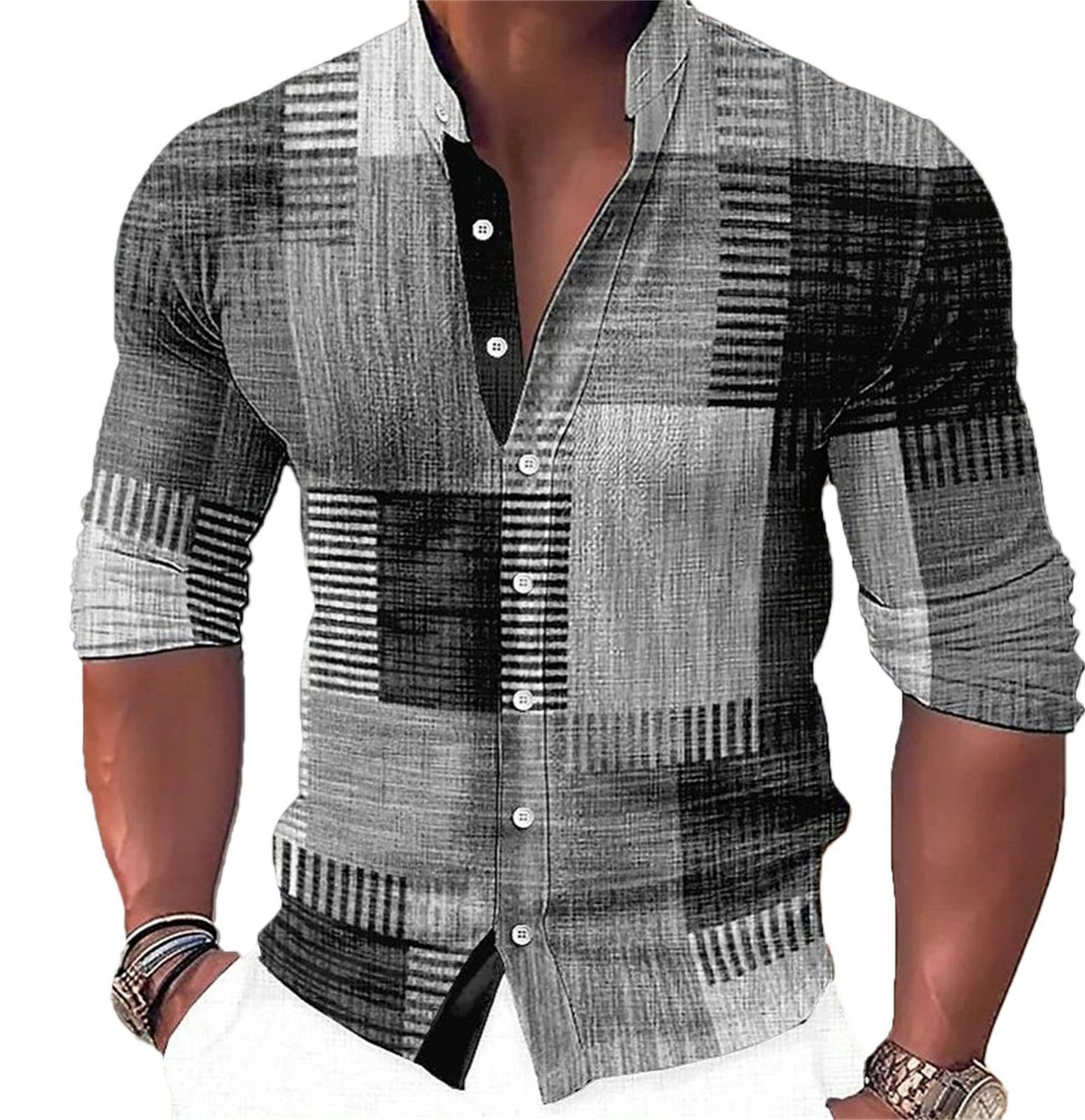 Men's Fashion Music Print Casual Stand Collar Long Sleeve Shirt