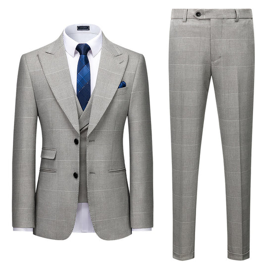 Men's Suit Slim Fit Business Casual Gray Lattice Pattern Three-piece Suit