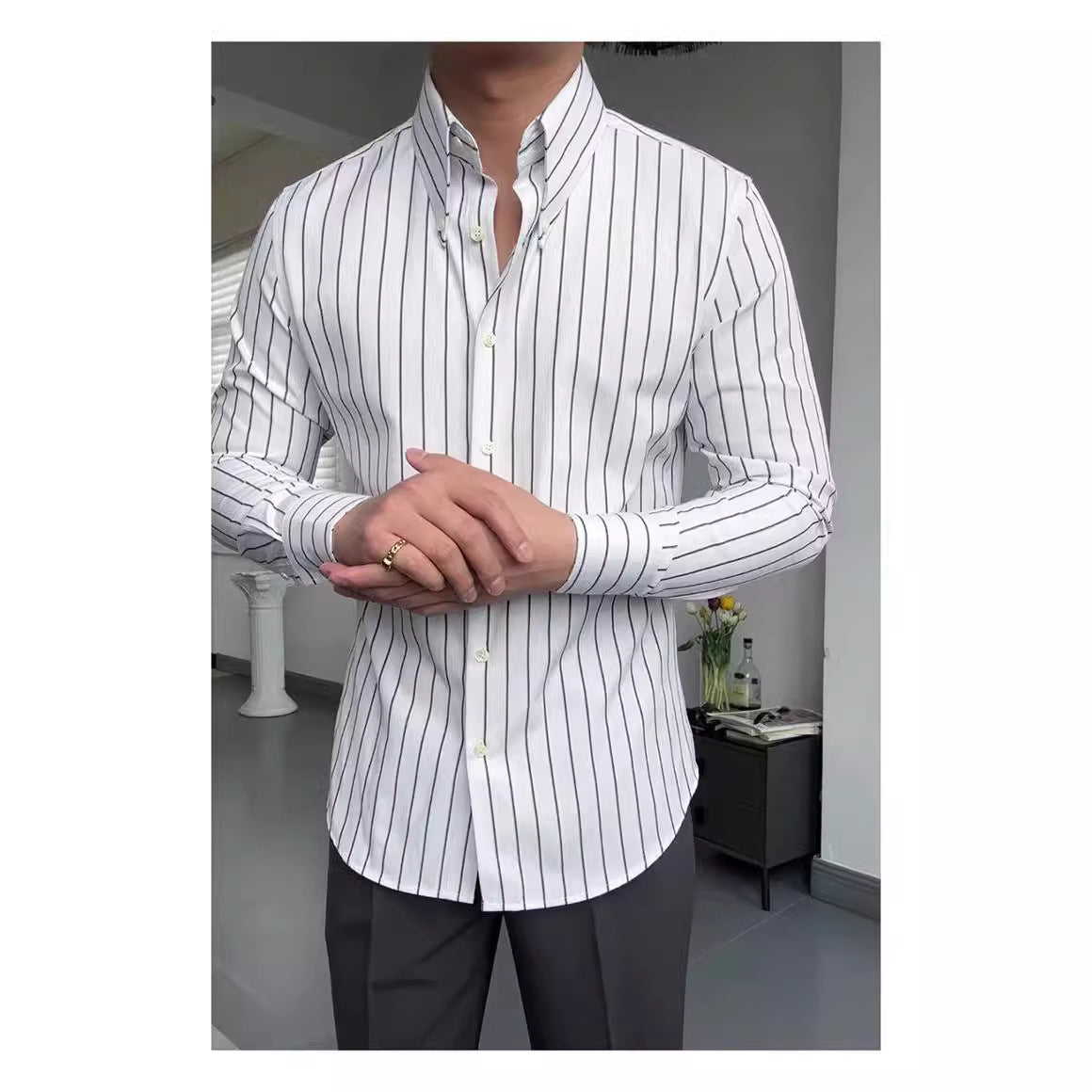 Spring Leisure Business Long Sleeve Striped Shirt Men