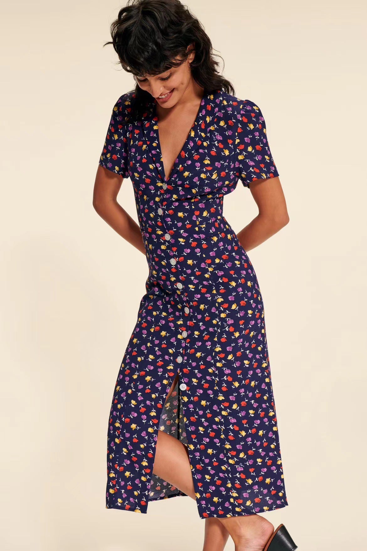 Women's Pastoral Floral Print Front Buckle Lapel Tea Break Long Dress