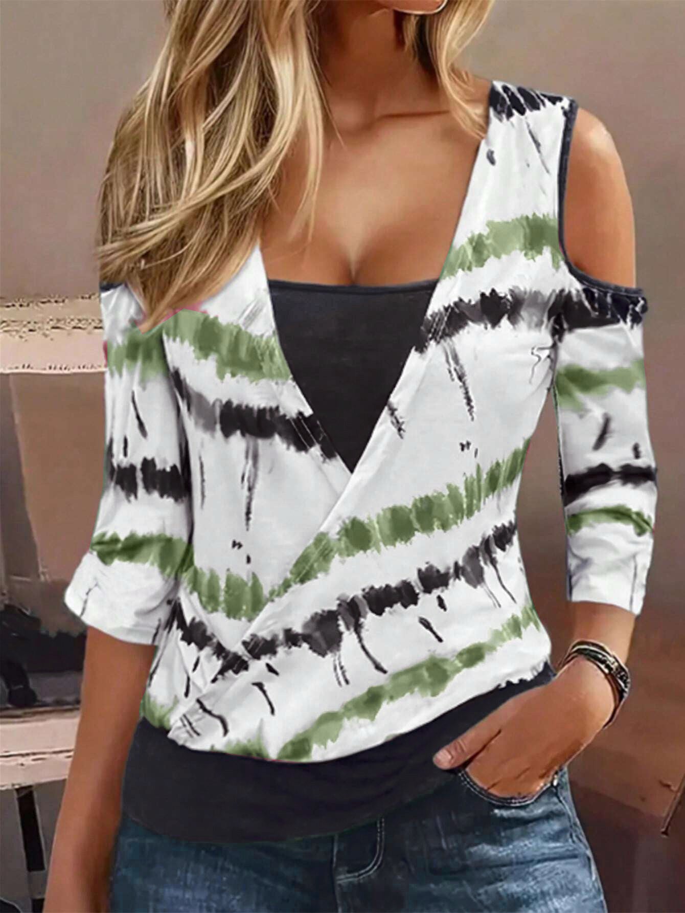 European And American Striped Printed Off-the-shoulder Casual V-neck Fake Two-piece Long-sleeved T-shirt