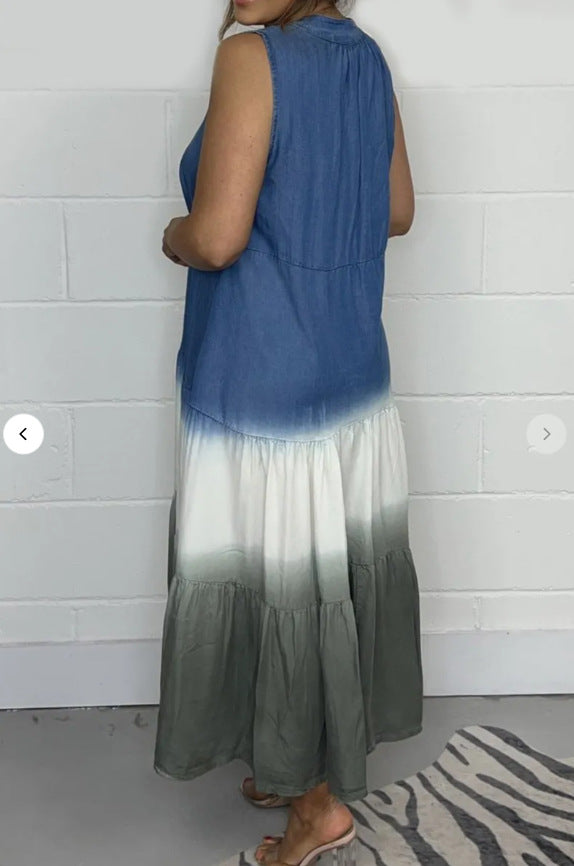 Women's Tie-dye Lyocell Denim Blue And White Long Sleeveless Dress