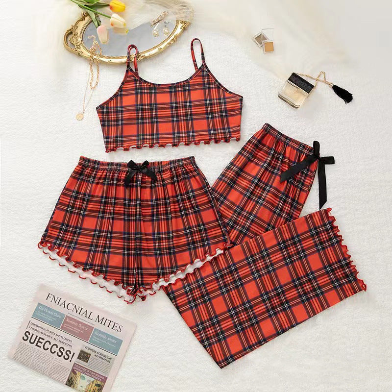 Plaid Pajamas Three-piece Women's Spring And Autumn European And American Home Wear