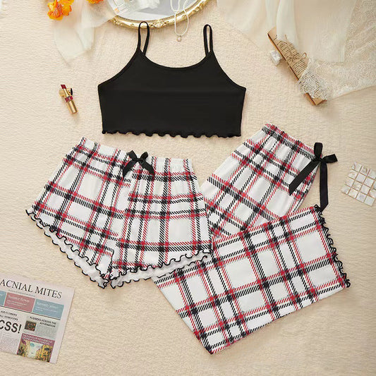 Plaid Pajamas Three-piece Women's Spring And Autumn European And American Home Wear