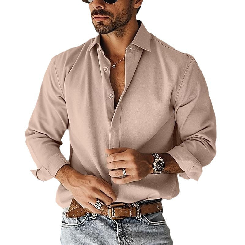 Men's Double Placket Long-sleeved Thickened Shirt Home Casual Drape Lapel