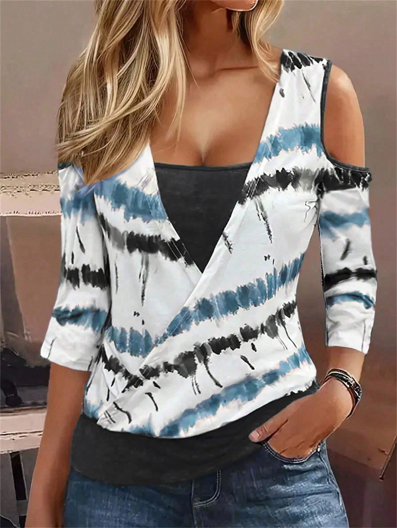 European And American Striped Printed Off-the-shoulder Casual V-neck Fake Two-piece Long-sleeved T-shirt