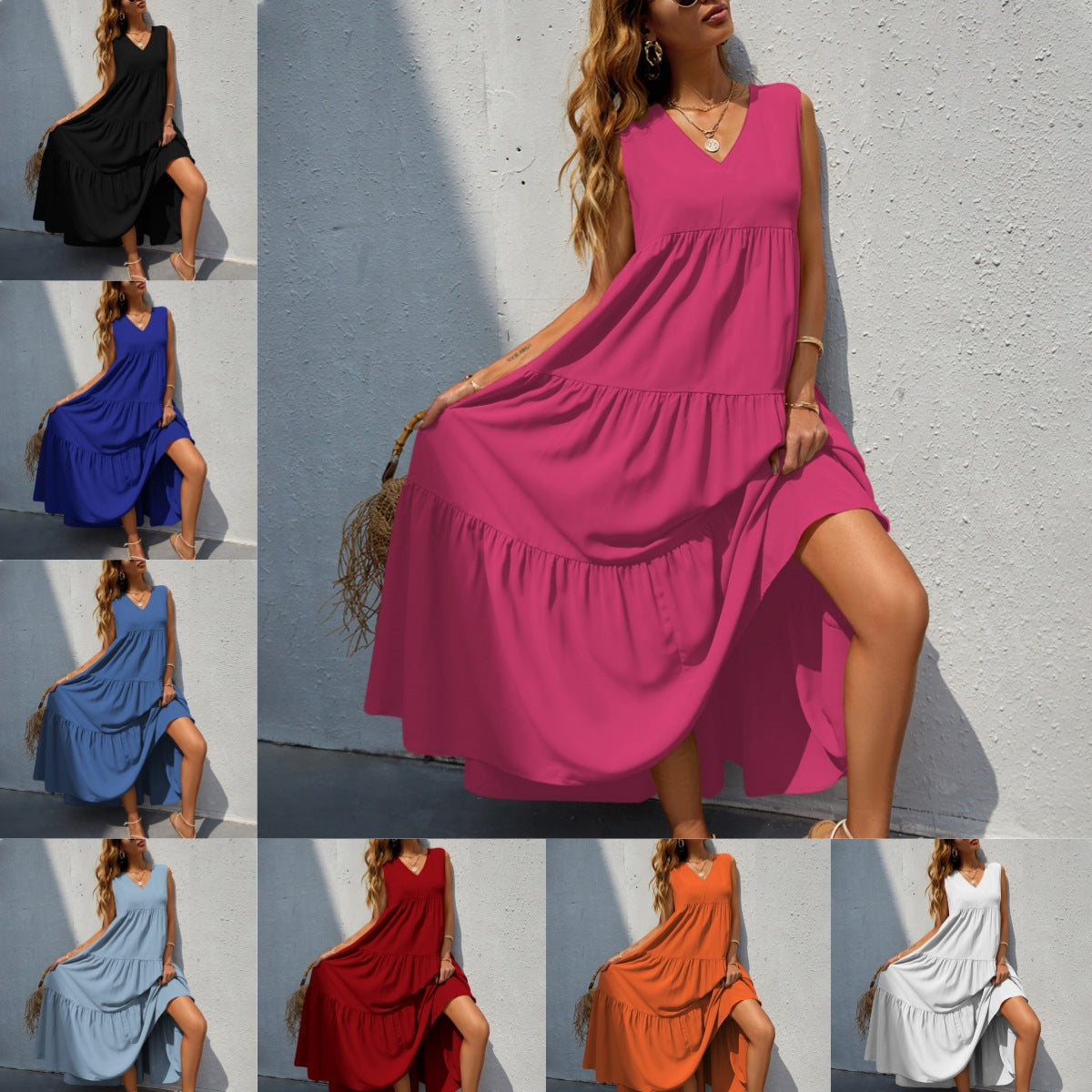 Multi-layer V-neck Patchwork Solid Color A- Line Large Hem Long Dress