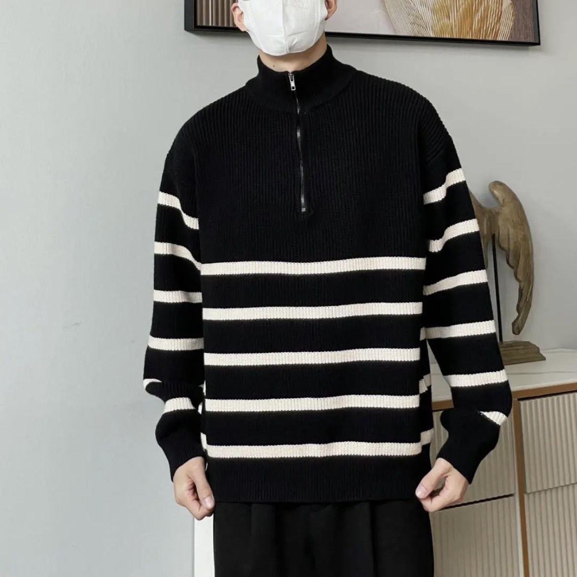 High-grade Horizontal Striped Simple Stand-up Collar Sweater