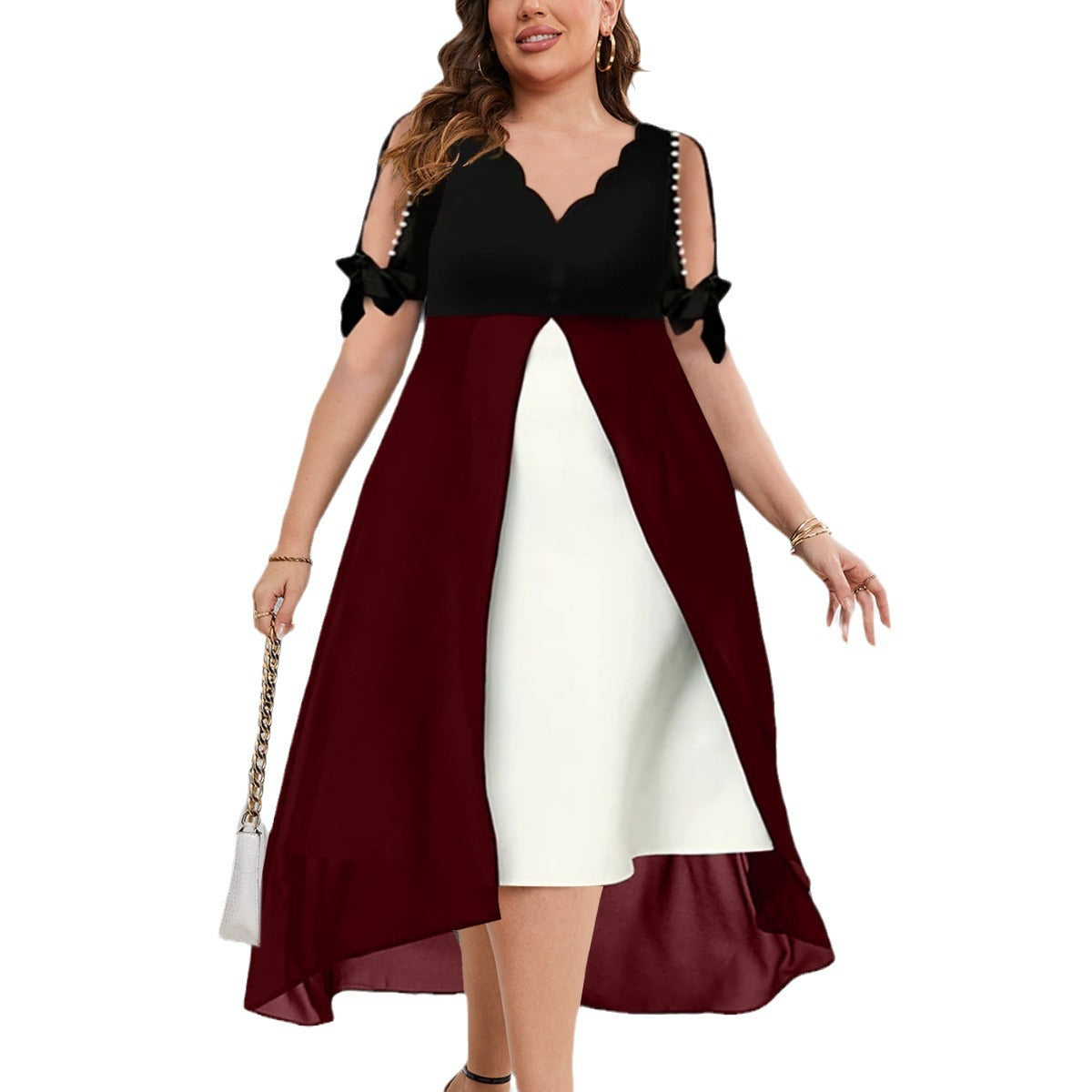 V-neck Stitching Fake Two-piece Irregular Half Sleeve Dress